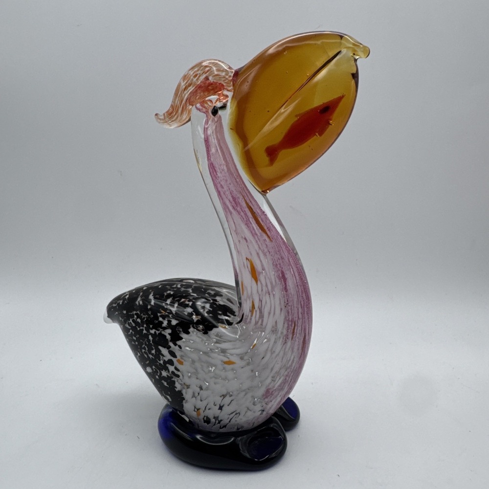 Vintage Murano Art Glass Pelican Figurine with Fish in Mouth Coastal Nautical